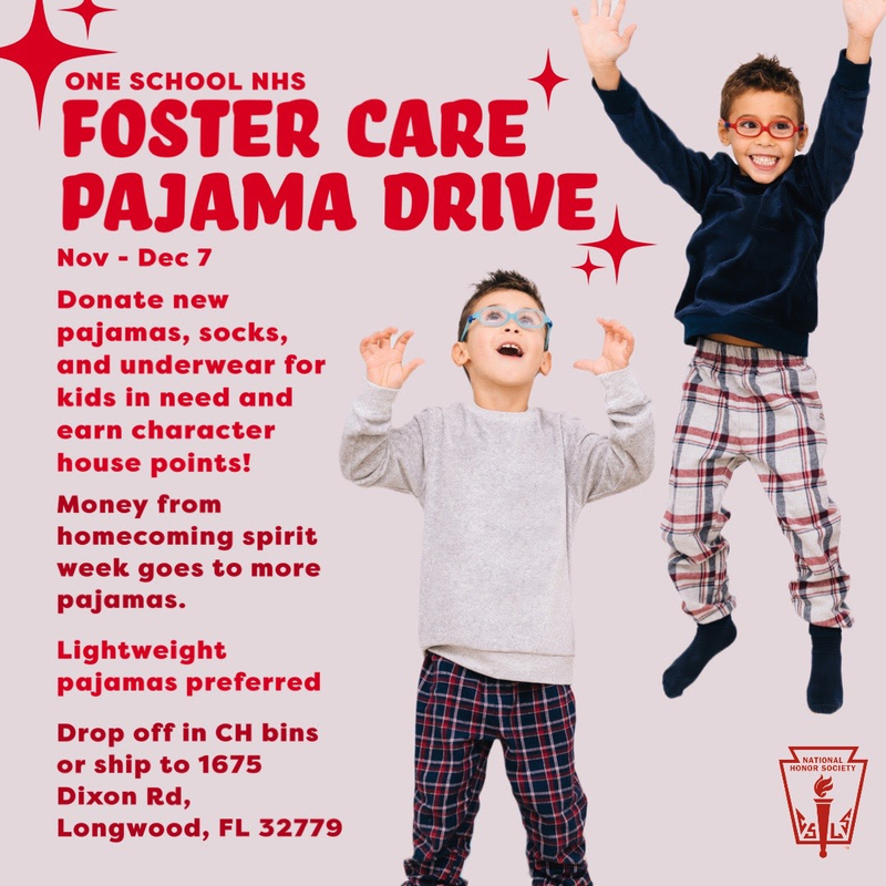 Information for the foster care pajama drive organized by OSOTAs National Honor Society.
